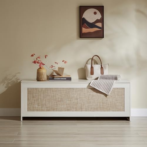 51.2" Storage Chest Large,Wooden Rattan Storage Bench.(White Cream)