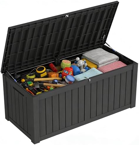 150 Gallon Outdoor Storage Box Resin Deck Box All Weather Waterproof Large Lockable Storage Container Deck Box for Patio Furniture, Garden Tools, Lockable, Black New