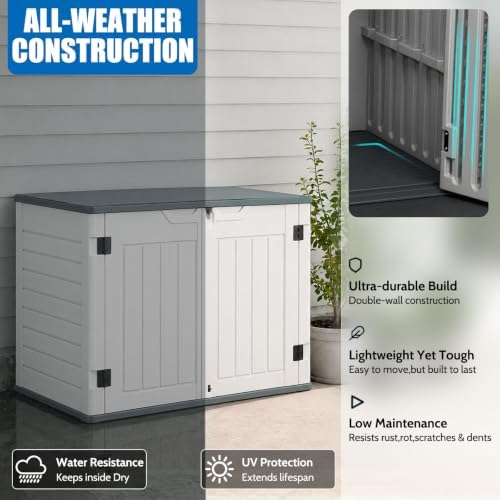 EHHLY Horizontal Resin Storage Shed, 35 Cuft Garden Tool Sheds & Outdoor Storage, Outdoor Plastic Storage Cabinet Waterproof, 4FT Tall Backyard Outside Lawn Mower Storage Shed, White