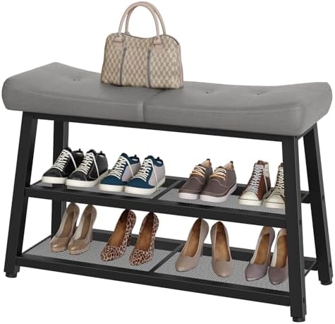 YATINEY Shoe Bench, 3-Tier Shoe Rack, Entryway Bench with Storage and Cushion, for Hallway, Foyer, Bedroom, Gray and Black HX02BG