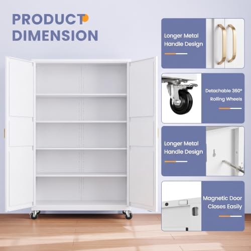 Metal Garage Storage Cabinet with Wheels, Wide & Deep Storage Cabinet with Door and Adjustable Shelves, 71" Rolling Tool Cabinet for Garage, Basement, Home Office