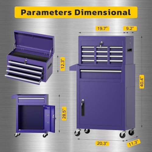 Greenvelly Tool Chest, 5-Drawer Rolling Tool Chest with Hooks and Lockable Wheels,Metal Storage Detachable Top Tool Box with Lockable Wheels for Garage,Workshop,Art Studio(Purple)