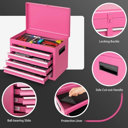 Rolling Tool Chest, 5-Drawer Tool Storage Cabinet with Wheels, Adjustable Shelf & Anti-Slip Liner, Tool Box Organizer for Garage, Warehouse & Workshop (Pink)