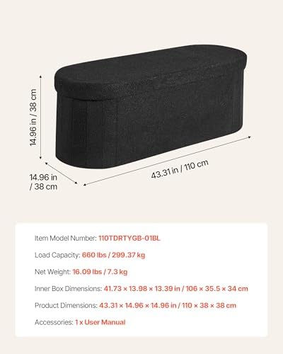 VEVOR Oval Storage Ottoman Bench, Foldable Teddy Fleece End of Bed Bench, Folding Upholstered Bed Ottoman Chest with Large Storage Space, Supports 660 lbs, for Living Room, Bedroom, Entryway, Black
