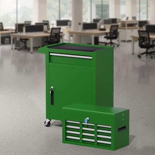 Greenvelly 5-Drawer Tool Chest with Wheels, Pre-Assembled Rolling Tool Chest, Detachable Top Tool Box, Lockable Design, Comes with Drawer Liners & Side Hooks for Garage Workshop Repair Room (Green)
