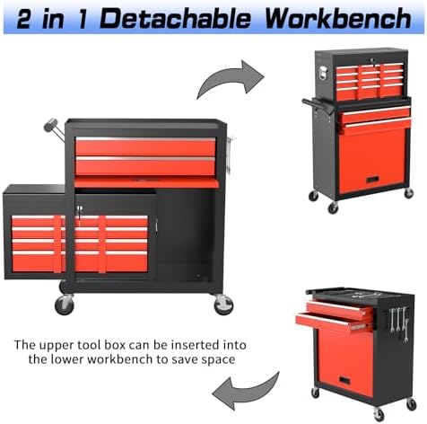 8-Drawer Rolling Tool Chest Tool Box,Removable Tool Storage Cabinet with 4 Wheels and Drawers,2 in 1 Portable Toolbox Organizer, Tool Chest with Lockable Drawer Gifts for Men (BlackRed)