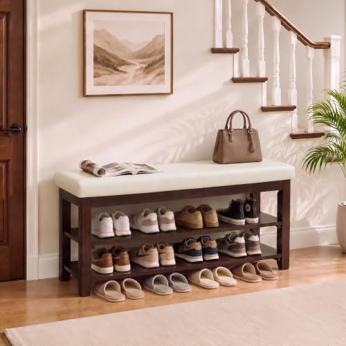 40" Wooden Shoe Rack with Seating, Entryway Bench with Shoe Storage, Beige