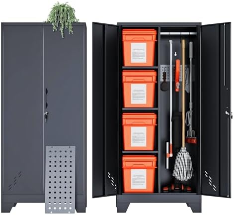 Storage Cabinet 61" H, Metal Outdoor Sheds with Shelves for Tools Storage, Cleaning Supplies Closet with Removable Pegboard for Outdoor, Garage, Utility Room