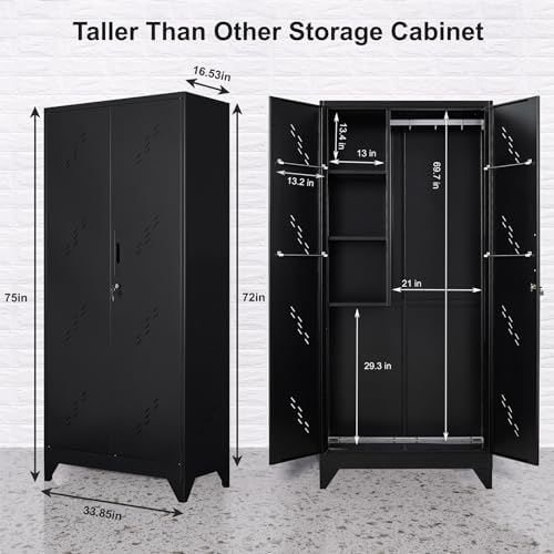 75" Taller Metal Garage Storage Cabinet,Tool Chest, Large Office Storage Cabinet with Lock Doors, Stainless Steel Bottom Plate with Holes,Utility Room Organization(H75* D16.53*L33.85)(Black)
