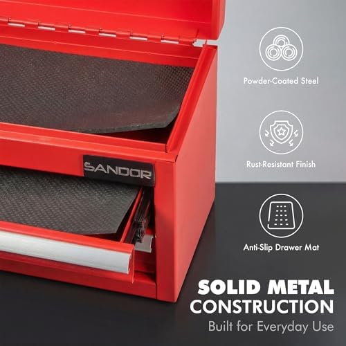 Mini Tool Box - Metal Tool Chest with 2 Drawers & PVC Drawer Liners - Red