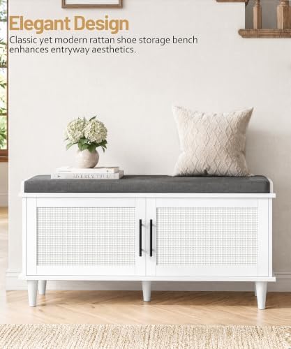 Akxomel 39.4" Rattan Shoe Storage Bench 2 Doors Wooden Entryway Bench White