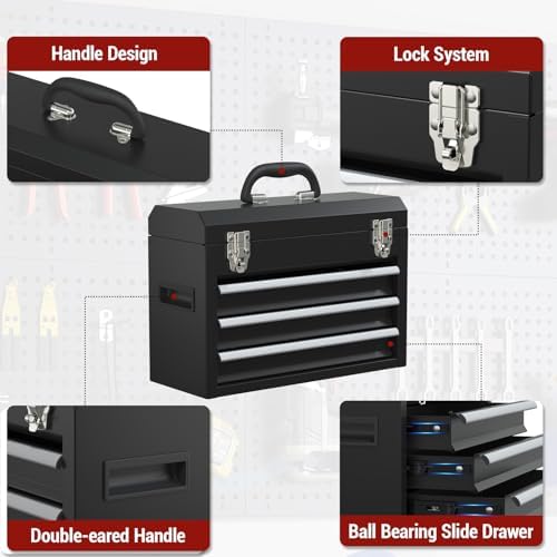 3 Drawers small Tool Box, Portable 3 Drawer Steel Tool Box with Locking System toolbox organization with Liner for Tools Storage (Black)