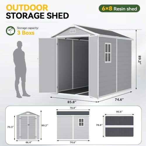 Aoxun 6x8 FT Outdoor Storage Shed, Outdoor Resin Shed with Floor, Gray