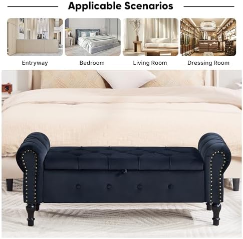 Storage Bench 51" Velvet End of Bed Benches Black