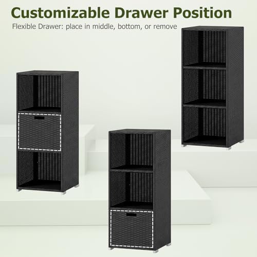HAPPYGRILL Outdoor Storage Cabinet PE Rattan Wicker Storage Shed Organizer with Shelves Drawer, for Patio Porch, Garden, Backyard and Poolside (Black)