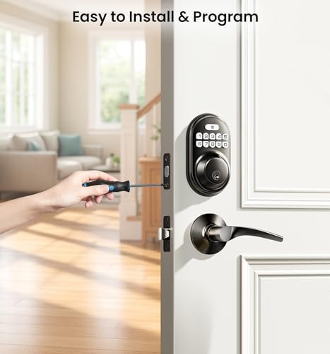 Veise RZ-C Keyless Entry Door Lock with 2 Lever Handles, Matte Black