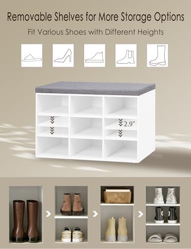 DINZI LVJ Shoe Storage Bench with Cushion, 31.5" Cubby Shoe Rack, 9 Cubbies