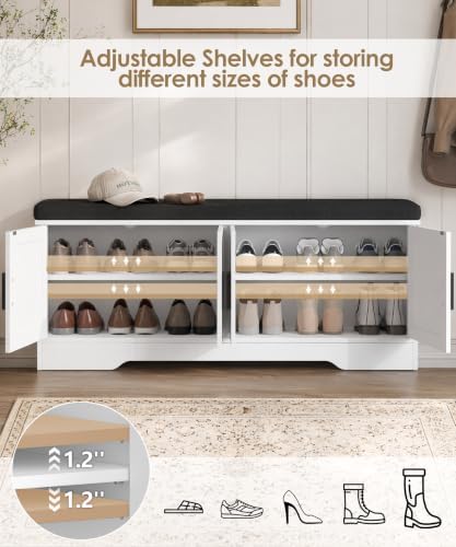 Akxomel 47.2" Shoe Storage Bench 4 Doors Wooden Entryway Bench White