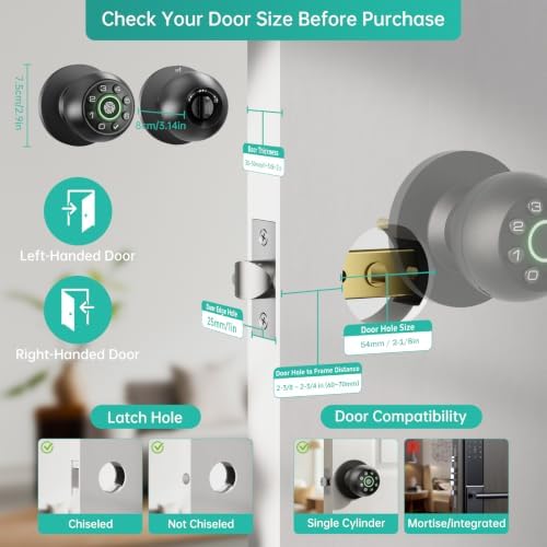 Fingerprint Door Lock with Keypad & Handle | Keyless Entry Smart Biometric Door Knob for Bedroom, Home Office Passcode Lock
