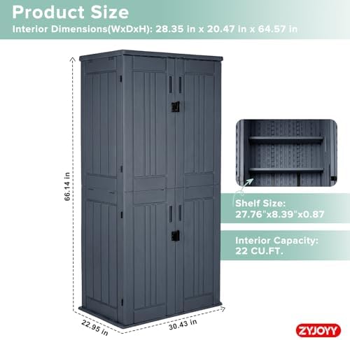 ZYJOYY Outdoor Storage Cabinet with 4 Shelves, 31.5" x 23.23" x 66.22" Grey Waterproof Resin Vertical Tool Shed, Lockable 30 cu.ft. Storage Shed for Patio, Garden, Yard