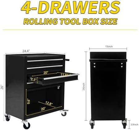 4-Drawer Heavy-Duty Rolling Steel Tool Cart with Handle&Wheels, Black Metal Storage Cabinet, Tool Chest for Efficient Tool Storage in Garage, Warehouse, Workshop, Repair Shop