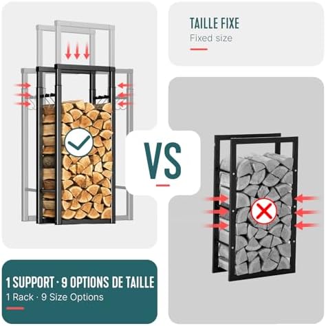 VOUNOT Firewood Rack Adjustable Firewood Holder Heavy Duty Log Holder Stand for Fireplace Fire Wood Storage Holder for Indoor Outdoor 5 ft Height Black