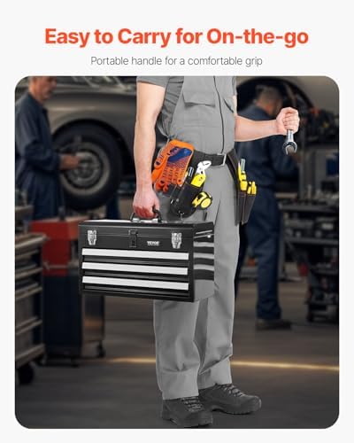VEVOR Metal Tool Box, 20.5-inch, Portable Metal Tool Box with 3 Drawers, Small Tool Chest with EVA Liners, Ball Bearing Slide Drawers Locking & Powder Coated Finish, Multi-Function Tool Organizer