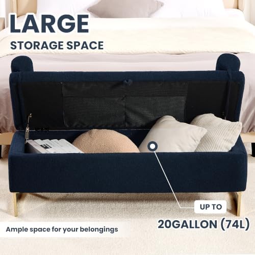 52" Storage Bench for Bedroom Upholstered End of Bed Bench Gold Leg Blue