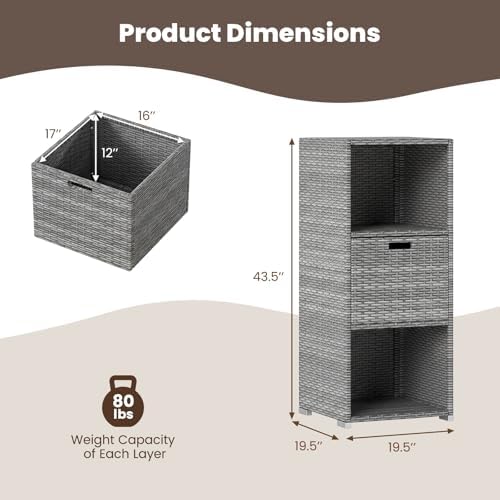 Tangkula Rattan Outdoor Storage Cabinet, Patiojoy Outdoor Wicker Cabinet with 3 Shelves, 1 Removable Drawer, Patio Storage Deck Box for Backyard Poolside Porch