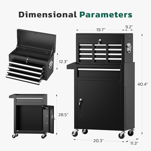 Greenvelly Rolling Tool Chest, 5-Drawer Metal Tool Chest with Wheels, 2 in 1 Detachable Tool Cabinets, Metal Tool Cart with Liner & Hooks for Garage, Workshop, Warehouse (Black)