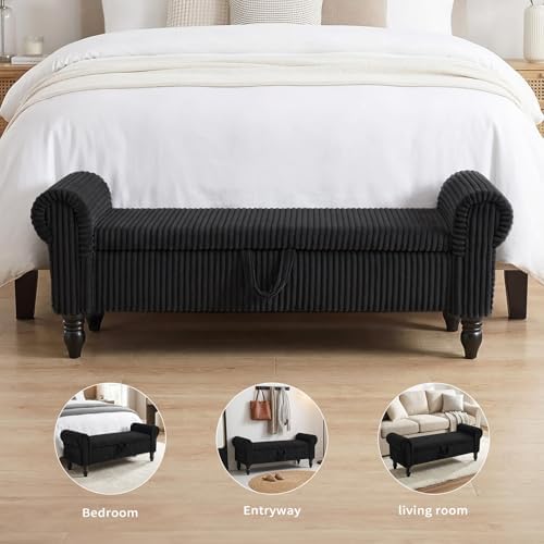 55" Corduroy Storage Ottoman Bench, Queen Bed, Black