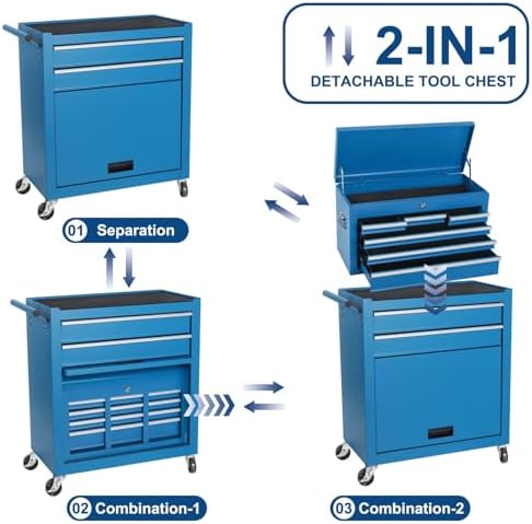 8-Drawer Rolling Tool Chest with Detachable Top Tool Box, Tool Cabinet with Universal Lockable Wheels, Mechanic Tool Organizer Storage Box for Garage Workshop Repair Shop Warehouse (Blue)