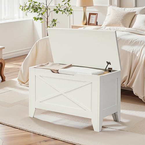 VECELO 30" Storage Bench, Farmhouse Entryway Shoe Ottoman, White