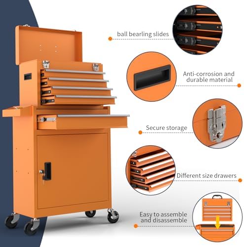 5-Drawer High Capacity Rolling Tool Chest, Removable Cabinet Storage Tool Box with Wheels and Drawers, Detachable Toolbox with Lock for Mechanics Garage Workshop and Tool Room (Orange)