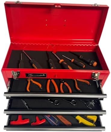 Homak Metal Tool Box, 20-inch, Portable Tool Box with 3 Drawers, Small Tool Chest with EVA Liners, Ball Bearing Slide Drawers Locking & Gloss Finish, Multi-Function Tool Organizer