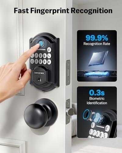 Keyless Entry Door Lock Deadbolt with Handle Set, Front Door Lock Set Keyless Entry, Digital Door Lock with Keypad Set & Fingerprint, Matte Black – Keypad Deadbolt and Door Knob Set
