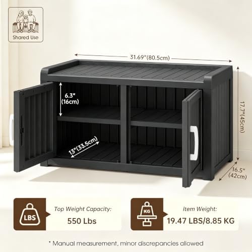 2-Tier Storage Bench, Waterproof UV-Resistant Outdoor Shoe Storage Cabinet with 2 Doors & Adjustable Shelves for Indoor Outdoor Entryway, Hallway, Living Room (Black)
