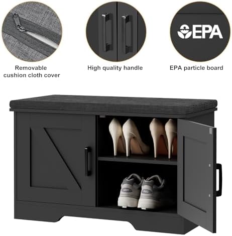 HOMSHO Farmhouse Shoe Storage Bench with 2 Barn Doors & Padded Seat Cushion