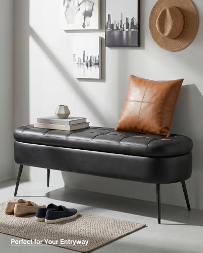 Storage Ottoman Bench, 43.7" PU Leather End of Bed Bench Black