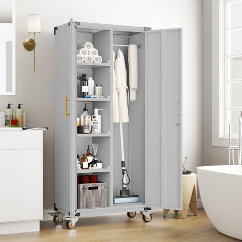 pozdeg 71" Rolling Lockable Metal Broom Closet Storage Cabinet, Grey White