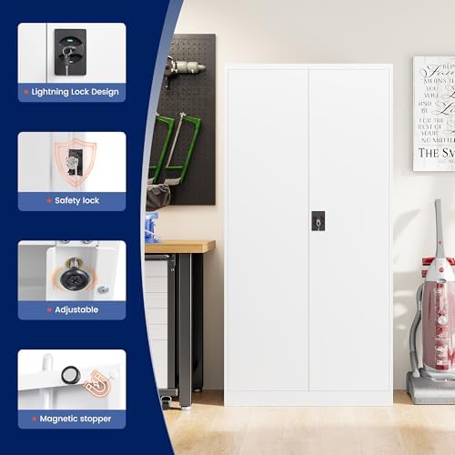 Yizosh Metal Garage Storage Cabinet with Lock, 71" Locking Tool Cabinet with 2 Doors and 5 Shelves, Heavy Duty for Garage, Office, School (White)