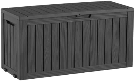 ROJIK 149 Gallon Outdoor Storage Box Waterproof,Weatherproof Deck Boxes Outdoor Lockable,Resin Outside Storage Box for Garden Tools,Cushions,Accessories(Black,149 Gal)
