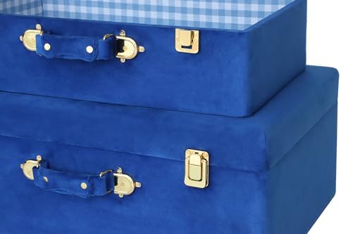 HofferRuffer Velvet Storage Trunks with Wood Frame, Set of 2 Storage Chests with Handles, Bedroom Organizer Nesting Upholstered Decorative Boxes Hinged Lid with Gold Hardware Accents (Blue Trunks)