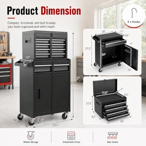 ARNOT 2-in-1 Rolling Tool Chest with 5 Drawers, Heavy-Duty Metal Tool Box with Wheels, Detachable Top Tool Box & Rolling Tool Cabinet for Garage, DIY (5-Drawers, Black)