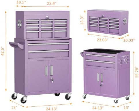 INTERGREAT Tool Chest, Assembled 8-Drawers Rolling Tool Chest with Wheels, Detachable Top Tool Box, Tool Cabinet for Repair Room,Warehouse, Rolling Tool Box with Hooks,Tray Divider,Liners(Purple)