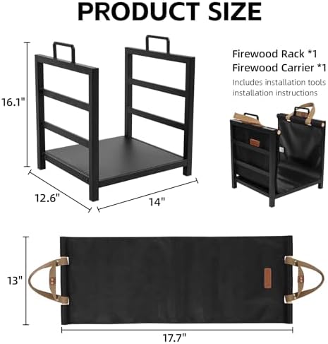 Firewood Rack Indoor Outdoor with Firewood Carrier, Fireplace Wood Log Holder Heavy Duty Metal, Indooor Firewood Holder for Fireplace Wood Storage, 16 inch, Black
