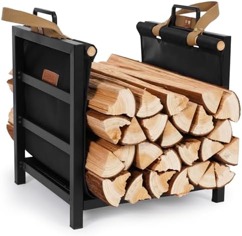 Firewood Rack Indoor Outdoor with Firewood Carrier, Fireplace Wood Log Holder Heavy Duty Metal, Indooor Firewood Holder for Fireplace Wood Storage, 16 inch, Black