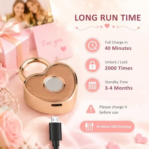 Fingerprint Padlock for Gym Locker, Heart Shaped, Rose Gold