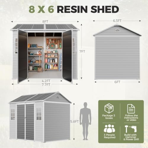 Restland 8x6 FT Resin Storage Shed with Floor & Adjustable Windows
