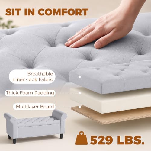 HOMCOM 47" Storage Ottoman End of Bed Bench with Rolled Arms Light Gray